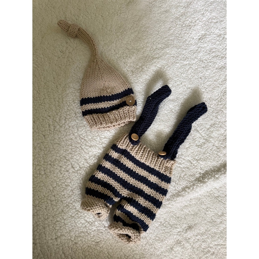 Knit Overalls Hat Set Newborn Tan Navy Excellent Photo Prop Nautical